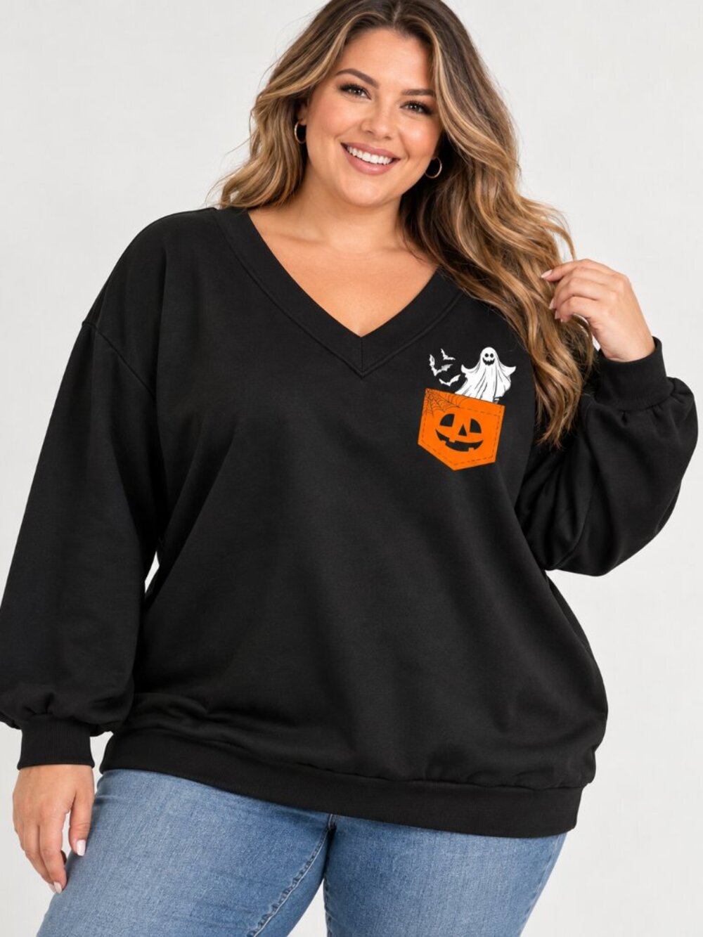 SHEIN Curve 4XL Halloween Ghost Pumpkin V Neck Sweatshirt Black